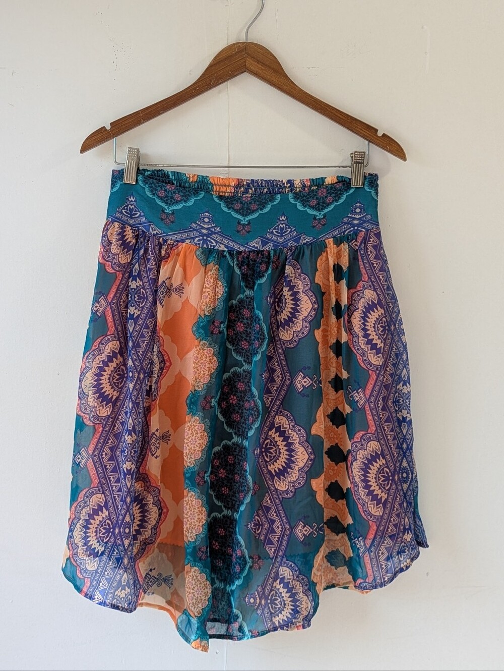 HD in Paris Anthropology Silk Asymmetrical Handkerchief Hem Skirt Teal Coral S